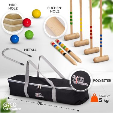 Набір для крокету GICO високої якості для 4 гравців у футлярі для перенесення - довжина молотка 80 см - якість ЄС - 3224