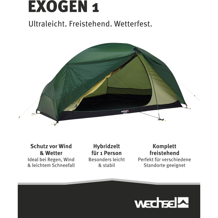 Трекінговий намет Wechsel Exogen 1/2 I Легкий намет для 1 особи / 2 осіб I Ультралегкий намет I Компактний, швидко встановлюється та портативний I Намет для кемпінгу, походів та перевезення велосипедів 1 ОСІБ.