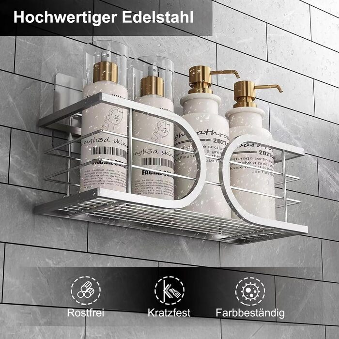 Полиця для душу без свердління, нержавіюча сталь 304, велика місткість, стійка до іржі, 2 шт. - сріблястий