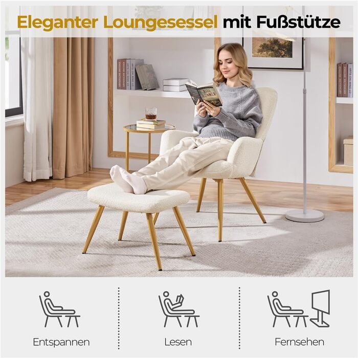 Крісло-крило Yaheetech з пуфом для ніг з тканини букле, реклайнер з підставкою для ніг, шезлонг зі складною спинкою, крісло під телевізор для вітальні/спальні кольору слонової кістки