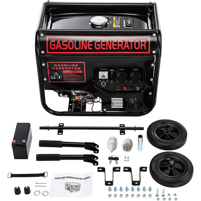 Бензиновий генератор з ручним та електричним запуском, 12 к.с., максимальна потужність 5000 Вт, максимальна безперервна потужність 3500 Вт, бак 15 л, 4-тактний двигун, функція AVR, 2 x 220 В, захист від низького рівня оливи, захист від перевантаження