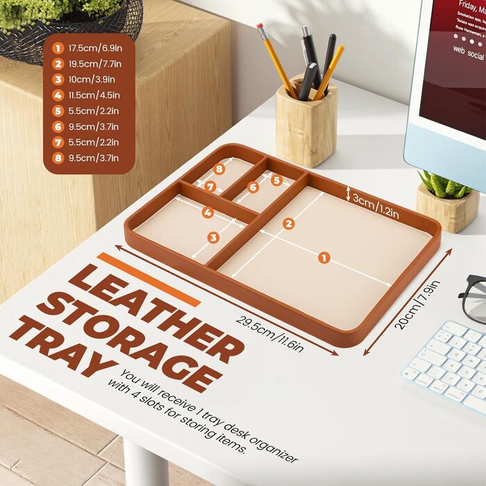 Чоловічий органайзер для столу, 4 відділення, високоякісна штучна шкіра, лоток для всіх тумбочок, тумбочки біля ліжка, кешбек для ключів, годинника, телефону, ювелірних виробів, EDC, коричневий