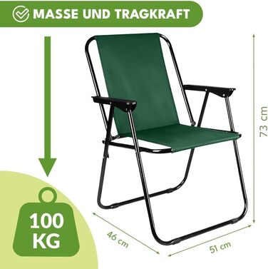 Складаний кемпінговий стілець, зелений, міцний кемпінговий стілець, до 100 кг, сталевий каркас, складний садовий стілець 73x46x51 см, складний стілець для саду, пляжу, риболовлі, балкону, аксесуари для кемпінгу
