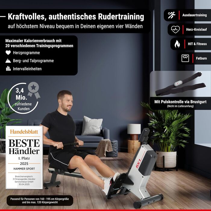 Гребний тренажер HAMMER RX1 для домашнього використання - складний гребний тренажер з магнітною гальмівною системою, сидінням на кулькових підшипниках, вагою користувача до 120 кг та вбудованим пульсометром для нагрудних ременів