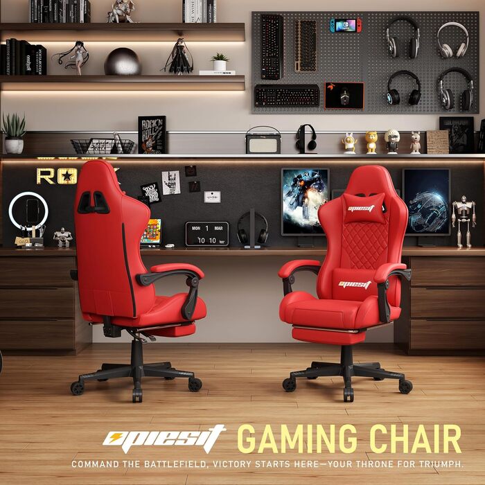 Ігрове крісло Ергономічне ігрове крісло з поперековою опорою, дихаюче офісне крісло зі штучної шкіри, зручне комп&39ютерне крісло, вантажопідйомність 200 кг, регульована висота сидіння та спинки (червоне)