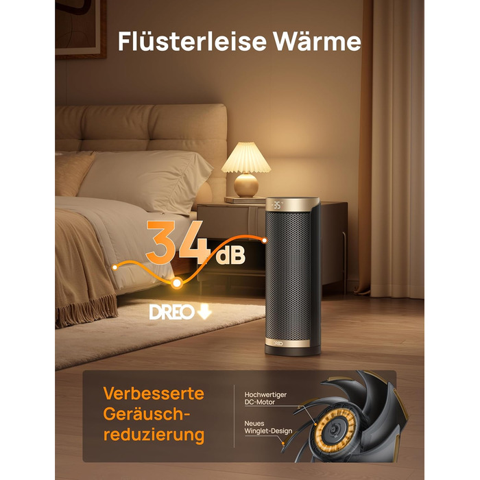 Енергозберігаючий вентилятор-обігрівач Dreo, керамічний PTC нагрівач, тихий, коливальний електричний обігрівач 70 з пультом дистанційного керування, 12-годинний таймер, 3 режими, 3 швидкості, захист від перегріву та перекидання, Solaris Slim H3 Standard G