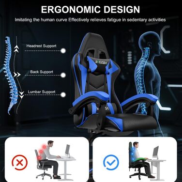 Геймерське крісло з Bluetooth-динаміками, ергономічне ігрове крісло з підголівником та поперековою опорою, регулювання висоти та кута нахилу, комп&39ютерне крісло для дітей, підлітків та дорослих (чорне/синє) Чорне/синє з динаміками