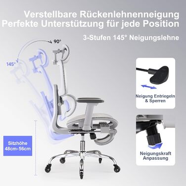 Ергономічне офісне крісло з підставкою для ніг та подушкою для шиї, 5-позиційне регулювання висоти спинки, 2D-підтримка попереку, 3D-підлокітники/підголівник, функція нахилу 145, сітчасте сидіння, гумові колеса, сірий колір.