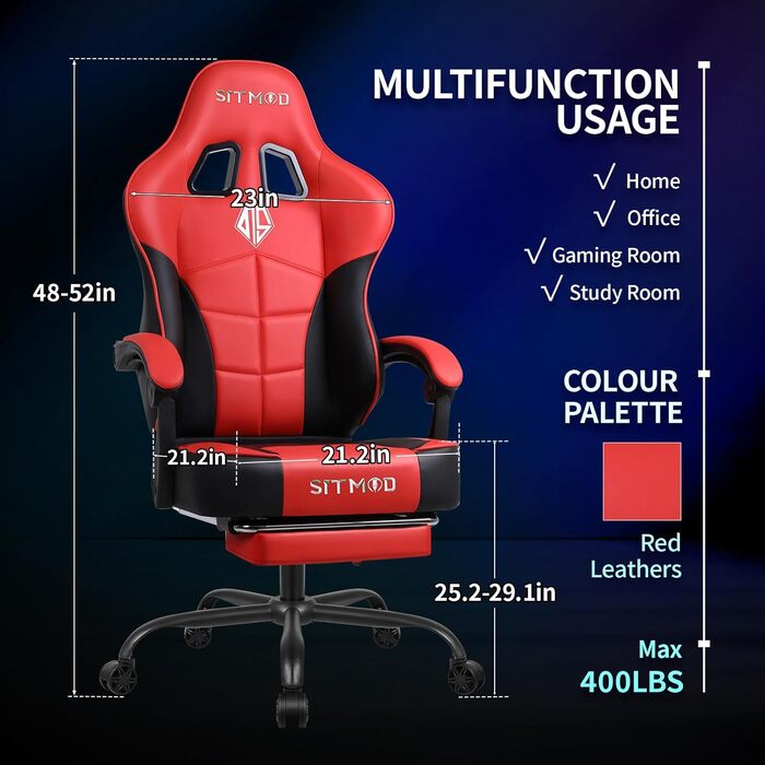 Офісне крісло SITMOD Ігрове крісло, велике ПК-крісло з регулюванням висоти, поворотне, ергономічне ігрове крісло зі штучної шкіри з підніжкою та поперековою опорою, поворотні робочі крісла на 360 - червоне
