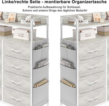 Комод, шафа, шафа для зберігання речей, 8 тканинних шухляд, 4 бічні кишені, 2-рівневі дерев&39яні полиці, скриня для спальні, вітальні, білий дуб, 8 шухляд з бічними кишенями