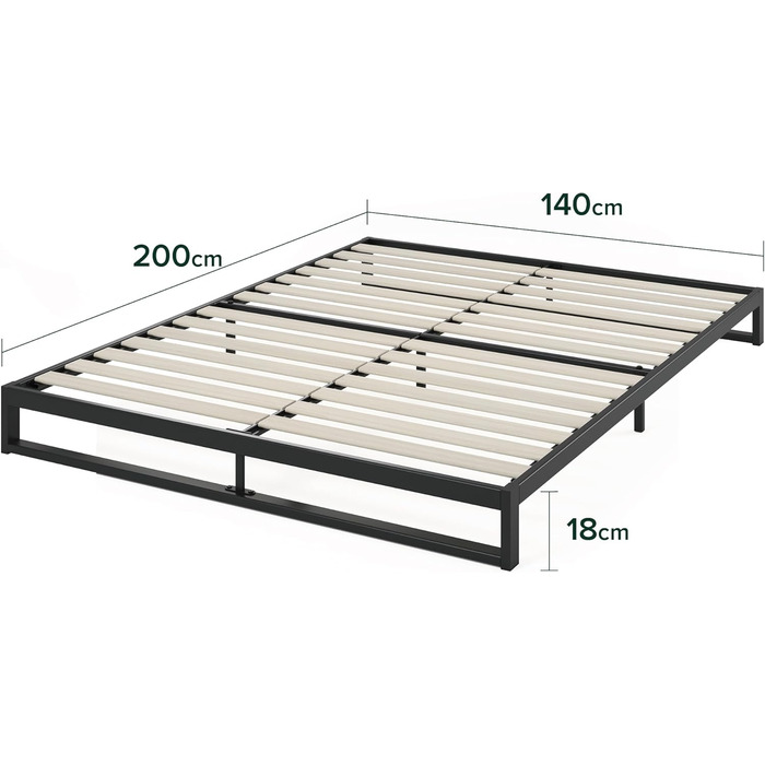 Ліжко Zinus Trisha каркас 140x200 см - 15 см низький профіль - металеве ліжко 140x200 з дерев&39яною рейковою основою - екологічно чиста упаковка та легке складання - чорний 140 x 200 см мінімалістичний