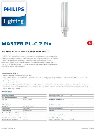 Енергозберігаюча лампа 150 мм, 10 шт., Philips MASTER PL-C 18W/840 G24d-2 2PIN (2-pin) Cold White 4000K
