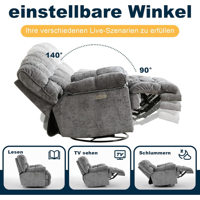 Крісло-гойдалка з функцією відкидання та гойдання, надзвичайно велике електричне крісло для телевізора, надзвичайно широке поворотне крісло-гойдалка, електрично регульований кут нахилу 90-140, порти USB та Type-C, сірий
