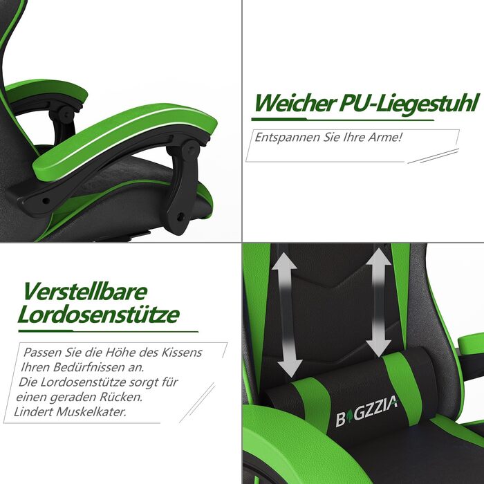 Ергономічне ігрове крісло, ігрове крісло з підголівником та поперековою опорою, регулювання висоти та нахилу від 90 до 135, комп&39ютерне крісло для підлітків, хлопчиків та дівчаток (чорне/зелене) Базова модель чорного/зеленого кольору