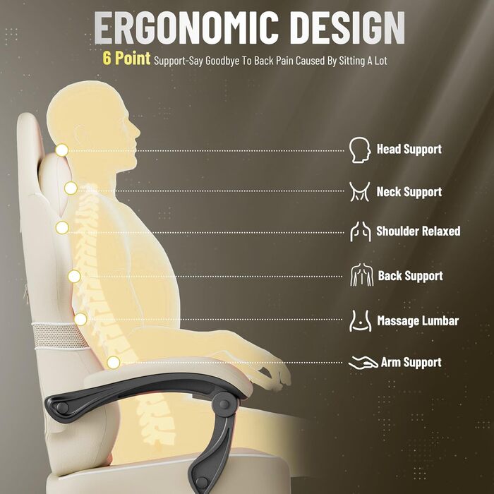 Ігрове крісло Huracan з функцією масажу, ігрове крісло, регульоване та поворотне робоче крісло, ергономічне комп&39ютерне крісло з підставкою для ніг, ігрове крісло зі штучної шкіри, бежевий колір, штучна шкіра, білий колір