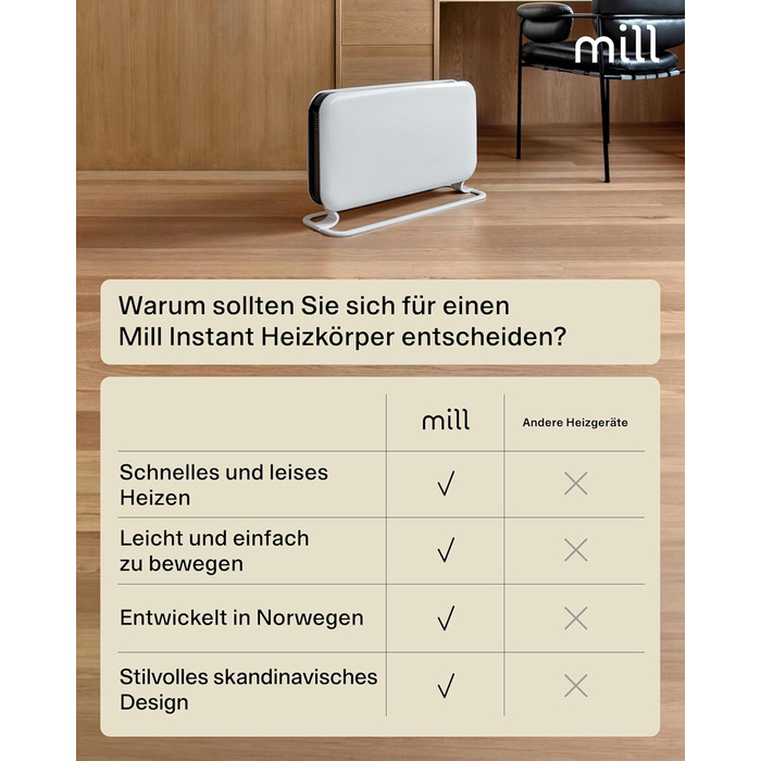 Електричний радіатор Mill 2000 Вт, Електричний конвекторний обігрівач 24-28 м, Окремостоячий електричний обігрівач, Тихий електричний обігрівач, Електричний радіатор з термостатом, Електричний обігрівач для використання в приміщенні, Білий, 24-28 м MEC