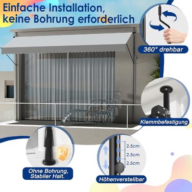 Тент Aufun з кріпленням на щипці та ручним кріпленням, балкон 200 x 120 см, світло-сірий, балконний тент без свердління, сонцезахисний тент з поліестеру, стійкий до ультрафіолету та регульований по висоті, накриття для патіо