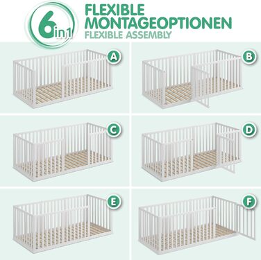 Дитяче ліжко CADANI Teso 90x200 см Ліжко-ліжко Монтессорі з дверцятами та захистом від падіння, 6 варіантів складання, масив сосни білого кольору, можна використовувати як манеж, вкл. рейкову основу 90 x 200 см білого кольору з дверцятами