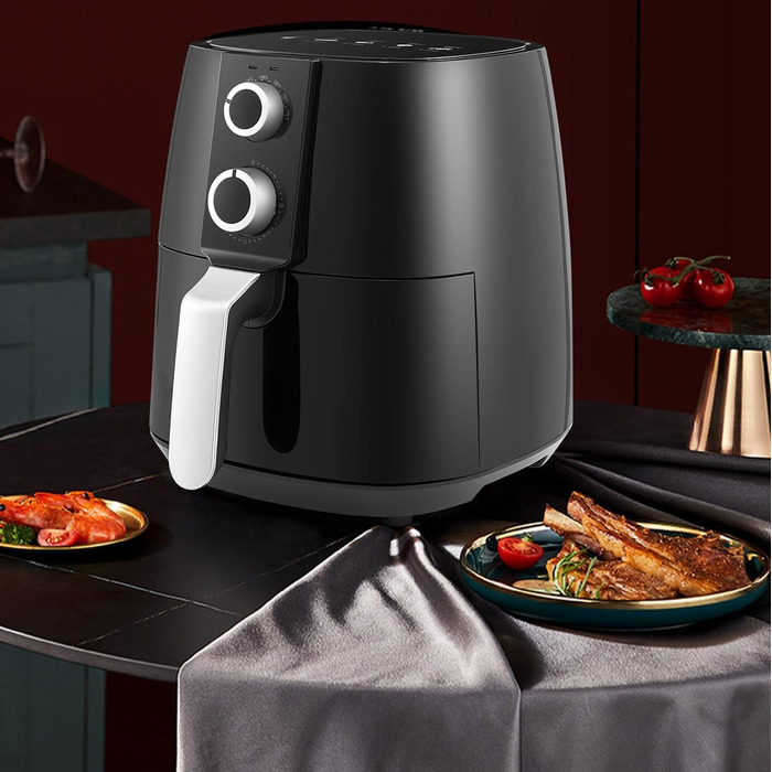 Аерофритюрниця OFCASA XL 3.8 л 1450 Вт, фритюрниця з гарячим повітрям, таймер на 30 хвилин і контроль температури 80-200C, фритюрниця без олії з подвійною ручкою Contro, кошик з антипригарним покриттям, безмасляна фритюрниця для чіпсів, чорна подвійна кно