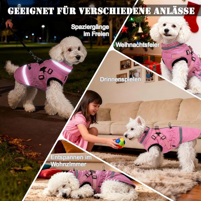 Пальто для собаки Тепла зимова куртка для собаки з флісовою підкладкою, світловідбиваюча, водо- та вітронепроникна, вбудований шлей, розмір S, рожевий