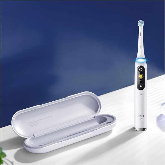 Електрична зубна щітка Oral-B iO Series 9, 7 режимів чищення для догляду за зубами, магнітна технологія та 3D-аналіз поверхні зубів, кольоровий дисплей і зарядний футляр, білий алебастр