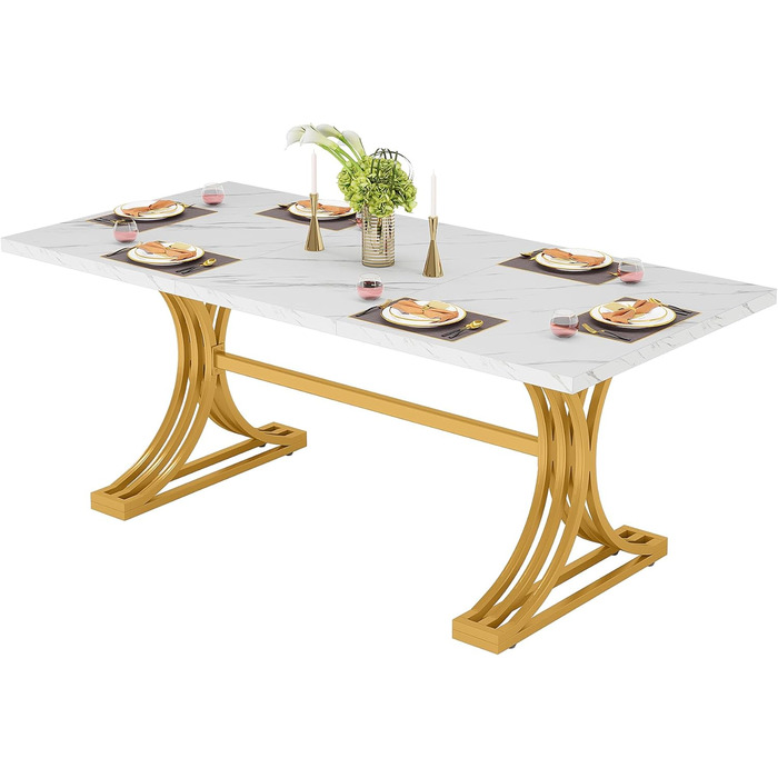 Сучасний обідній стіл Tribesigns 160 x 80 см для 4-6 осіб, кухонний стіл зі стільницею зі штучного мармуру, міцний металевий каркас (білий та золотий) білий / золотий