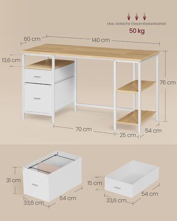Комп'ютерний стіл VASAGLE з 3 полицями та 2 шухлядами, 140 x 60 x 76 см, колір натуральний дуб перламутровий білий