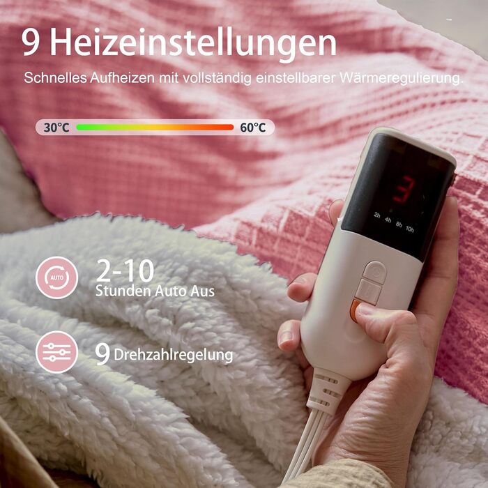 Ковдра з підігрівом 130x160 см - Ковдра з підігрівом та 9 режимами нагріву - функція автоматичного вимкнення на 10 годин, захист від перегріву, можна прати в пральній машині (Рожевий) Рожевий 130 x 160 см