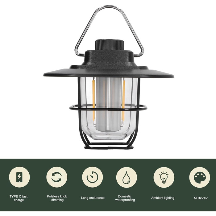 Світлодіодний кемпінговий ліхтар портативний наметовий ліхтар, що перезаряджається, з 3 режимами світла, індикатором заряду батареї, водонепроникний за стандартом IPX4, для кемпінгу, подорожей, нічної риболовлі