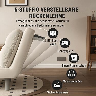 Крісло-розкладний диван-ліжко 1-місний Високий комфорт, розбирається з подушками, металевими підлокітниками та ніжками (білий)