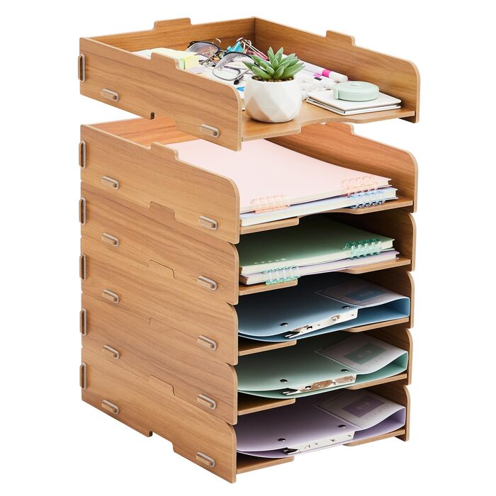 Штабелювані лотки для зберігання, 6 шт. , офісний органайзер, лоток для листів на столі, дерев&39яний для лотка для документів/лотка для паперу, лоток для файлів A4, коричневий, 6 шт.