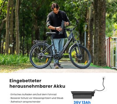 Електровелосипед Touroll MA1 26 дюймів для дорослих, міський електричний велосипед з двигуном 250 Вт 75 Нм із середнім приводом та акумулятором 36 В 468 Втгод, запас ходу 110 км, гідравлічні дискові гальма, електровелосипеди для чоловіків та жінок