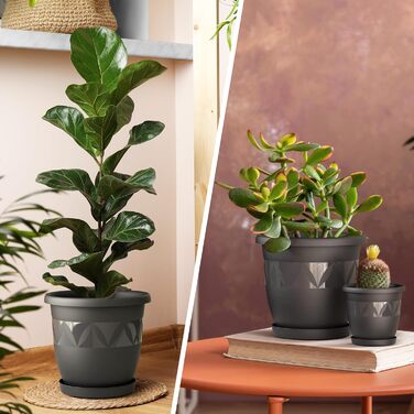 Горщик для квітів Plastard діаметр 40 см з блюдцем колір антрацит круглий кашпо для квітів садовий горщик з пластику стійкий до ат