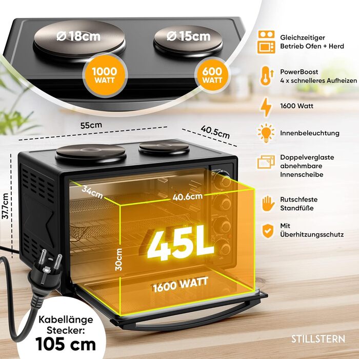 Міні-піч Stillstern з конфорками (45 л, піца Ø32 см, 7в1 аерофритюрниця, розморожування, гриль, тостер, запікання, смаження, варіння) кошик для смаження, конвекція, гриль, брошура з рецептами, ідеально підходить для кемпінгу