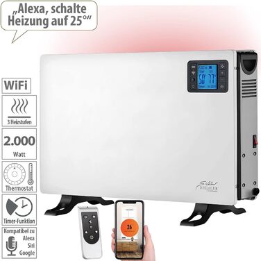 Електричний обігрівач Sichler для побутової техніки конвекторний обігрівач з Wi-Fi, 2000 Вт, додаток, голосове керування, дистанційне керування (електричний обігрівач, електричний радіатор, променевий обігрівач)