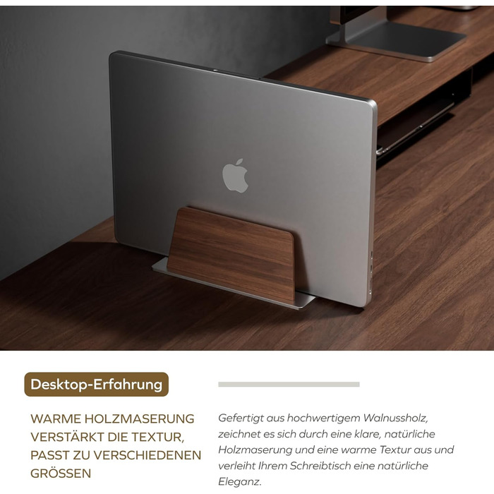 Підставка для ноутбука з дерева та алюмінію Muso - вертикальна. Компактний регульований тримач для MacBook Pro/Air, iPad, Samsung, планшетів та ноутбуків.