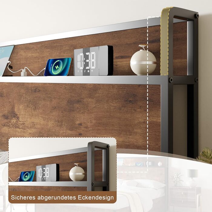 Ліжко з механізмом зберігання та підйому, ліжко-платформа з дерев&39яним узголів&39ям, відділеннями для зберігання та зарядною станцією, без матраца (коричневе, 140x200 см) Коричневий 140x200 см