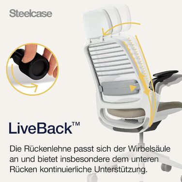 Ергономічне офісне крісло Steelcase серії 1 з поперековою опорою LiveBack, підлокітниками 4D, регульованим підголівником Truffle, 66 x 64 x 112 Truffle з підголівником