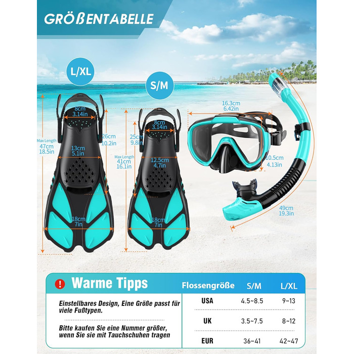 Набір для дорослого з маскою для підводного плавання з регульованими ластами, маскою для підводного плавання із захистом від протікання та запотівання та сухою маскою, професійний набір для підводного плавання 3 в 1, розмір S/M зелений