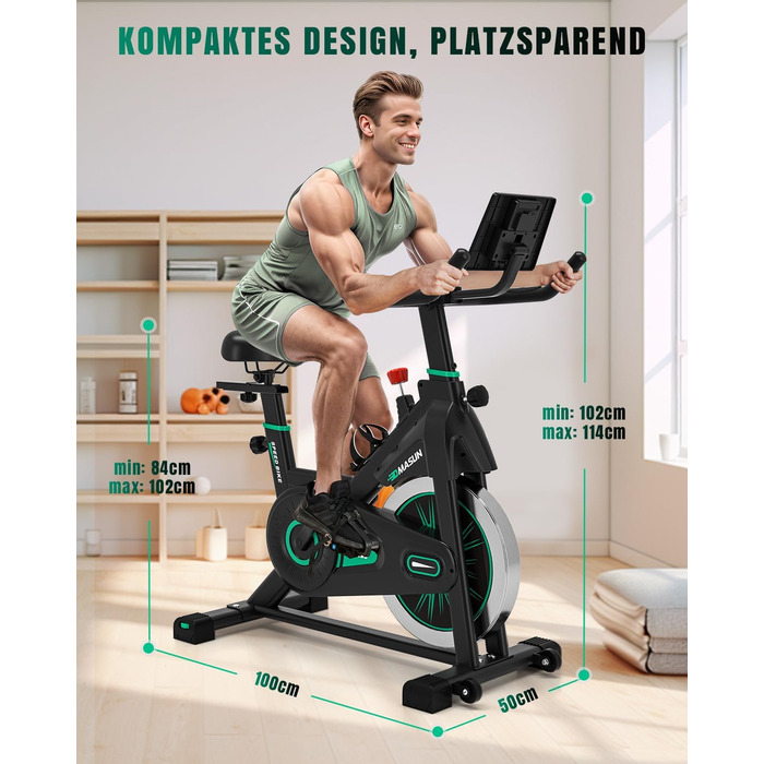 Новий велотренажер, домашній велотренажер DMASUN, регульований опір, надзвичайно зручне сидіння та чохол для сидіння, великий тримач для планшета, тихий та стабільний фітнес-велотренажер для дому, витримує до 160 кг, зелений - Покращено тертя