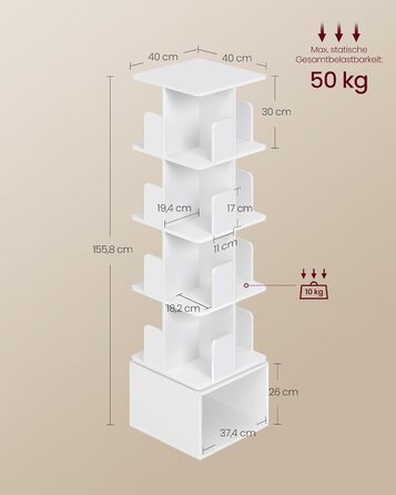 Колекція Custos - Обертова книжкова шафа, 5-ярусна полиця для зберігання, Окремостояча полиця з відкритими відділеннями, 40 x 40 x 155,8 см, для спальні, вітальні, офісу, Хмарно-білий LBC472WB01