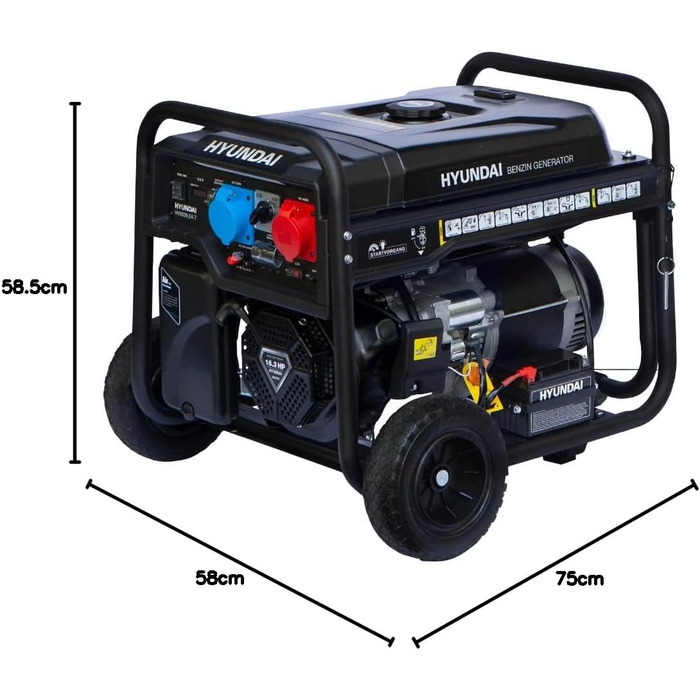 Бензиновий генератор HYUNDAI HY8500LEK-T, генератор 230 В та 400 В, максимальна потужність 10,3 кВА, двигун 16,3 к.с., електричний запуск, генератор для будівельного майданчика, аварійний генератор живлення