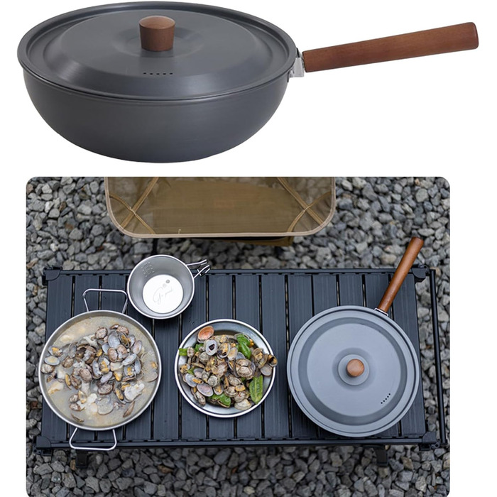 Портативна сковорода з алюмінієвого сплаву, дерев&39яна ручка, для кемпінгу, пікніків, каструль, знімна, посуд для приготування на відкритому повітрі, легка, антипригарне покриття