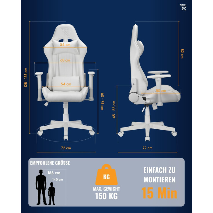 Ергономічне ігрове крісло Felix Original з регульованою спинкою, 2D підлокітниками, подушками для попереку та шиї, високою спинкою, штучною шкірою, міцною сталевою рамою, для високих людей, біло-сірим