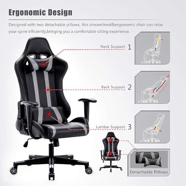 Ігрове крісло Intimate WM Heart, ергономічне поворотне офісне крісло, ігрове крісло з підголівником та поперековою подушкою, гоночне крісло з високою спинкою, регулюванням висоти та функцією гойдання (сіре)