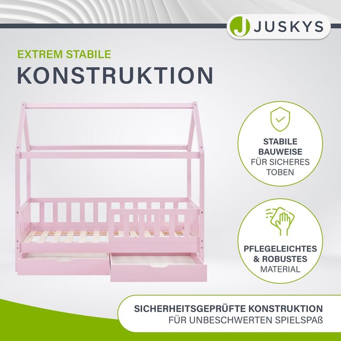 Дитяче ліжко Juskys Marli 80 x 160 см з матрацом, ящиком для ліжка, захисними поручнями, рейковою основою та дахом - Ліжко-будиночок з масиву дерева для дітей - Ліжко рожевого кольору