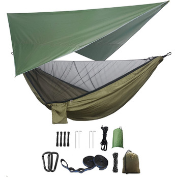Комплект гамаків для кемпінгу, одинарні та подвійні гамаки, москітна сітка, сітка від комах, дощовик, підвісне ліжко з високоміцної парашутної тканини. Підходить для активного відпочинку, походів, кемпінгу та подорожей (військово-зелений).