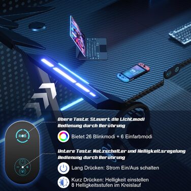 Ігровий стіл Devoko 120 x 60 см, ігровий стіл зі світлодіодним підсвічуванням, поверхня з вуглецевого волокна, ергономічний ігровий стіл з тримачем для напоїв, гачок для навушників, міцний комп&39ютерний стіл