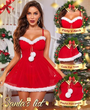 Різдвяна білизна RSLOVE для жінок - пеньюар з помпонами зі штучного хутра, костюм Санта-Клауса, сексуальна білизна на Різдво, розмір L, червоний