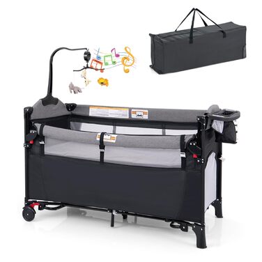 Дорожнє ліжечко 5 в 1 для немовлят, 120 x 60 см, приліжкове ліжко з матрацом та пеленальний столик, музичний мобіль та іграшки, дитяче ліжечко з регульованою висотою для немовлят від народження (темно-сірий)